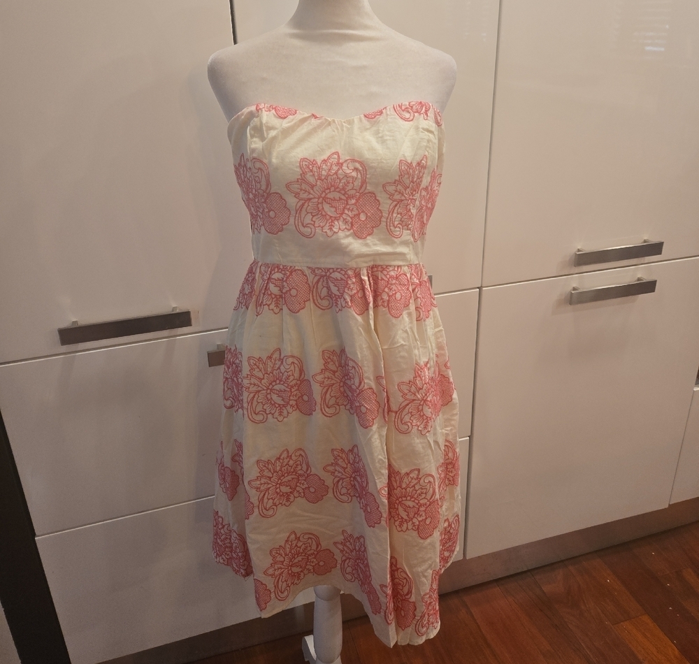 Cotton Embroidered Floral Strapless A Line Dress Pink Cream Womens Large